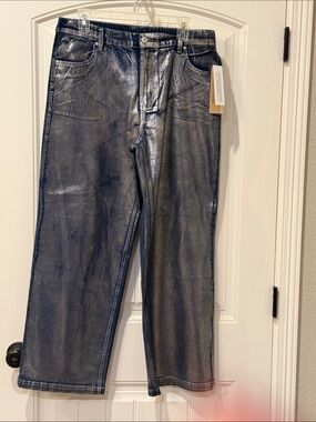 Women's Metallic Dark Blue Wide-Leg Jeans